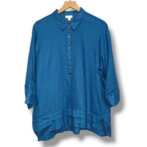 J Jill Love Linen Top Women Turquoise XLP Oversized Pullover Half Button Tunic
